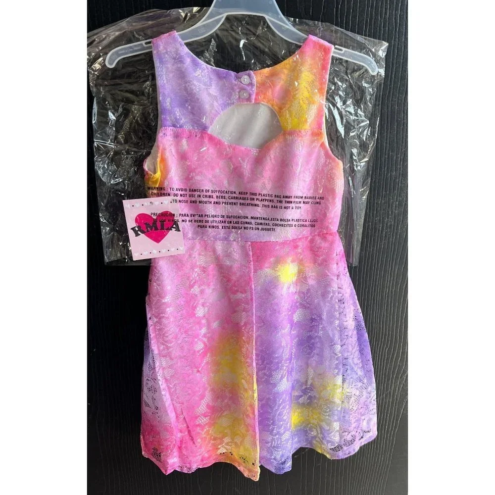 Girls Tie Dye Easter Dress Lace Pink Yellow Purple Lace Over The Skirt 8-12 - Picture 7 of 9